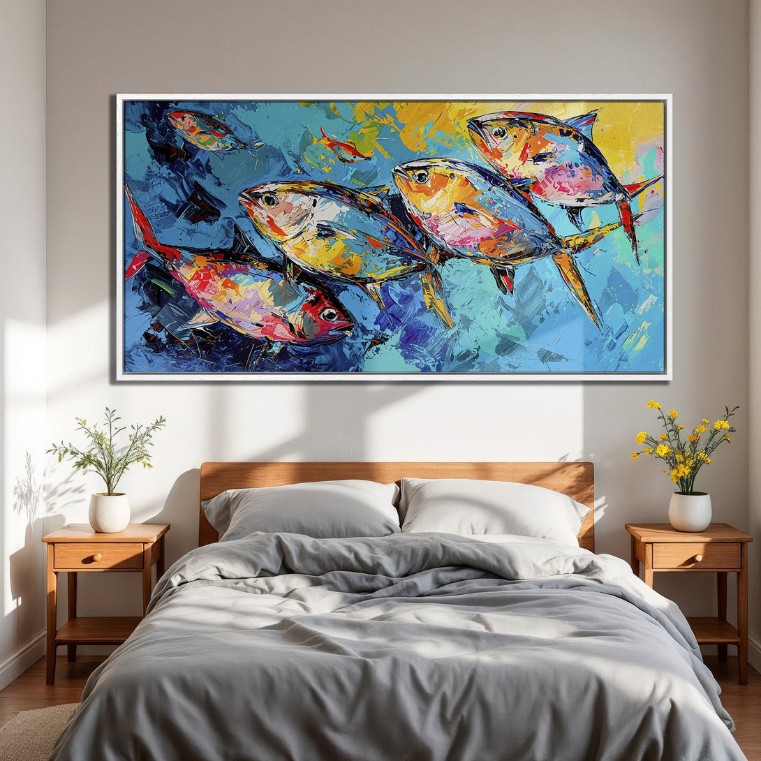 Framed Wall Art: Colorful abstract fish painting in a bedroom. Vibrant blue, yellow, and red palette. Enhance your space with this stunning artwork!