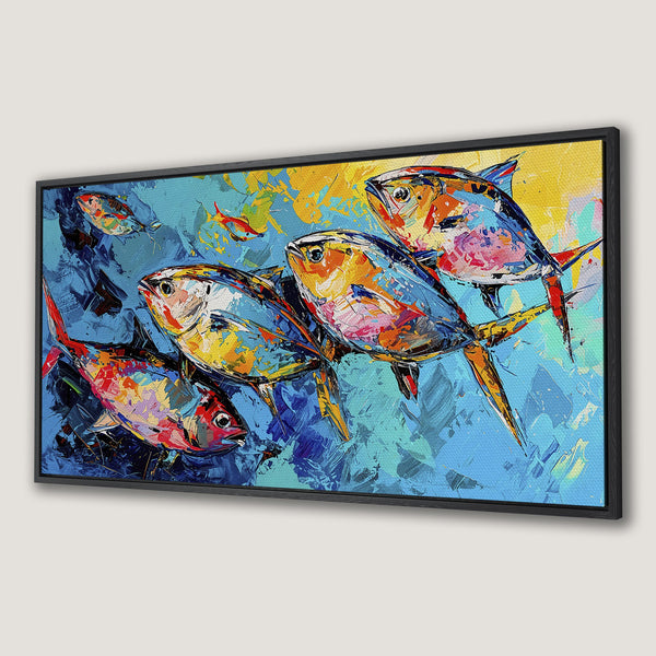 Framed Wall Art: Colorful abstract fish painting in vibrant blues, yellows, and oranges. Modern art canvas print for a stylish interior.
