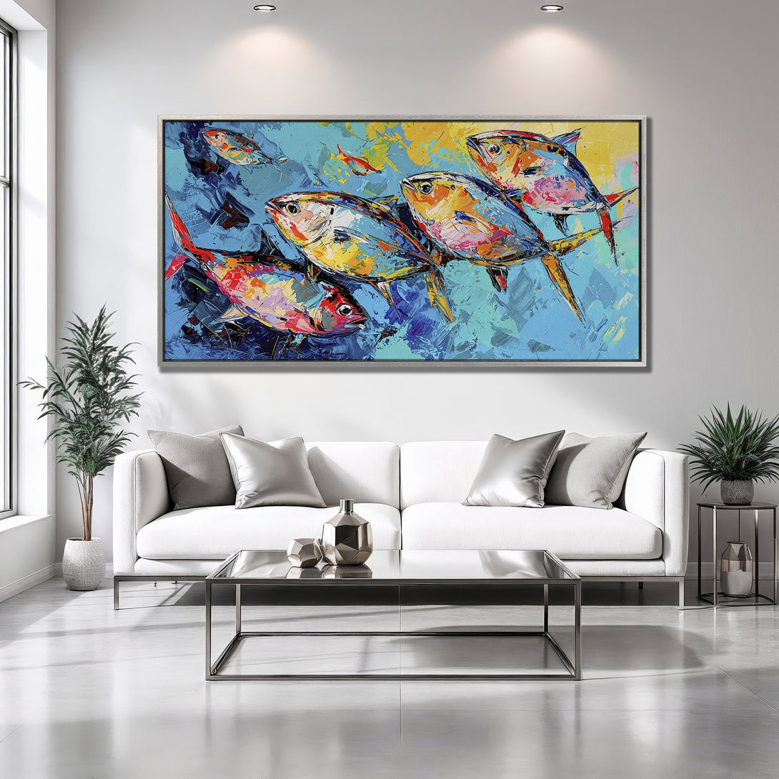 Framed Wall Art: Vibrant abstract fish painting with a blue, yellow, and red palette. Perfect for adding a pop of color to any modern interior.