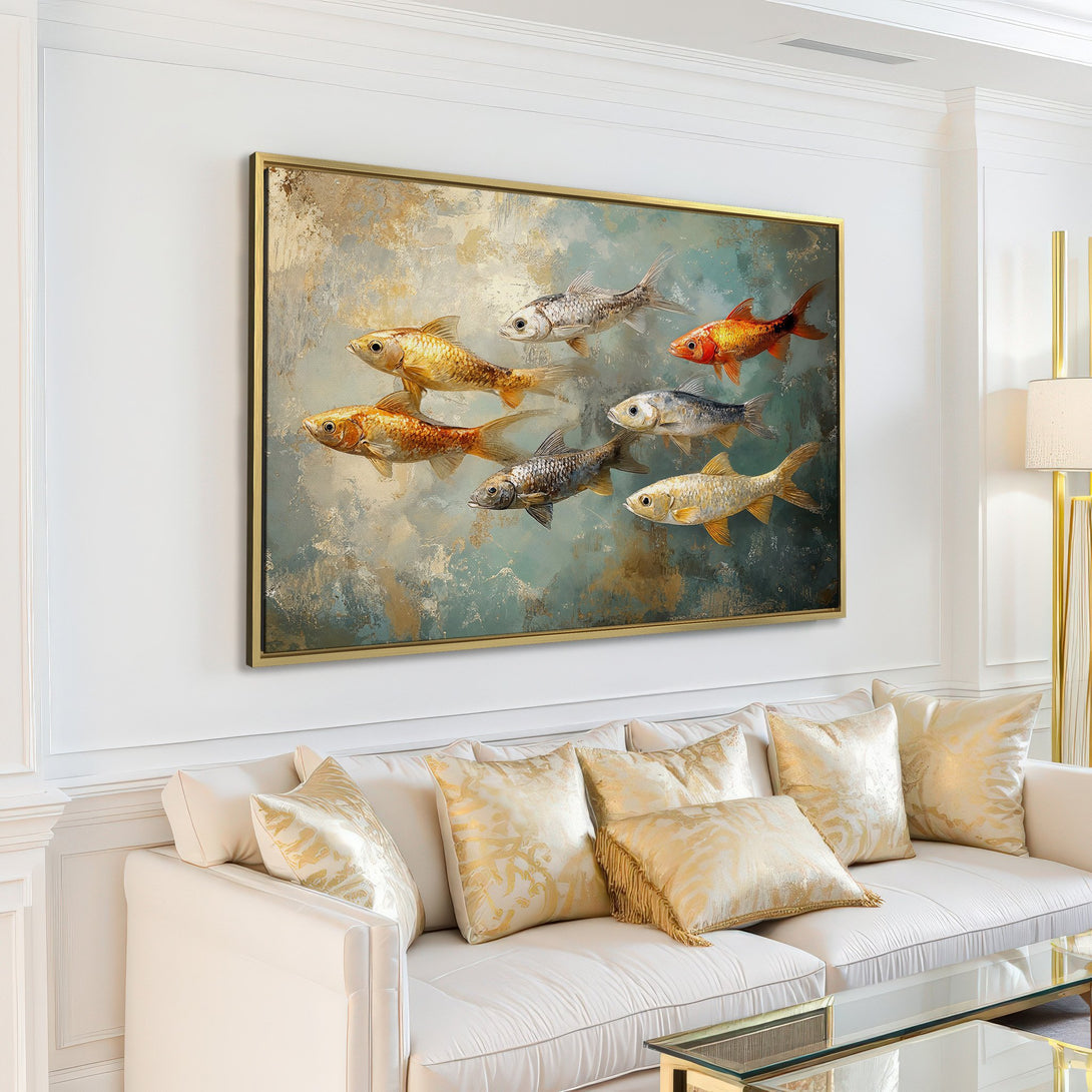 Canvas Print of abstract fish art in gold, silver, and red hues, displayed in a modern living room with a neutral color palette.