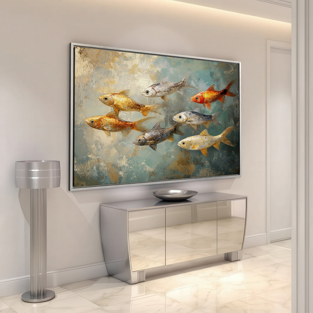 Framed Wall Art featuring a school of fish, abstract style with gold, teal, and orange hues. Perfect for modern home decor.
