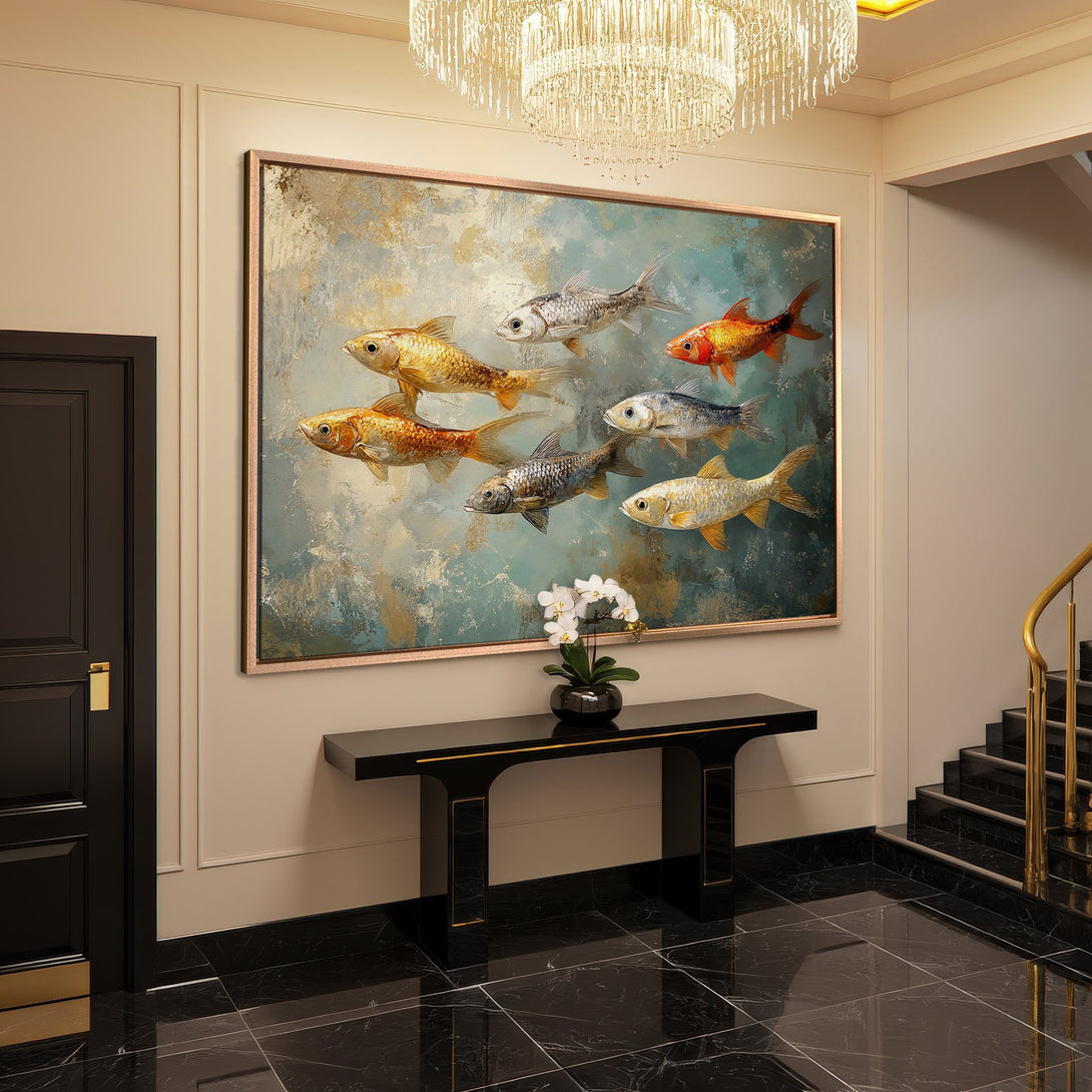 Framed Wall Art featuring vibrant fish in a modern, abstract style. Stunning gold, blue, and orange color palette, perfect for any interior decor.