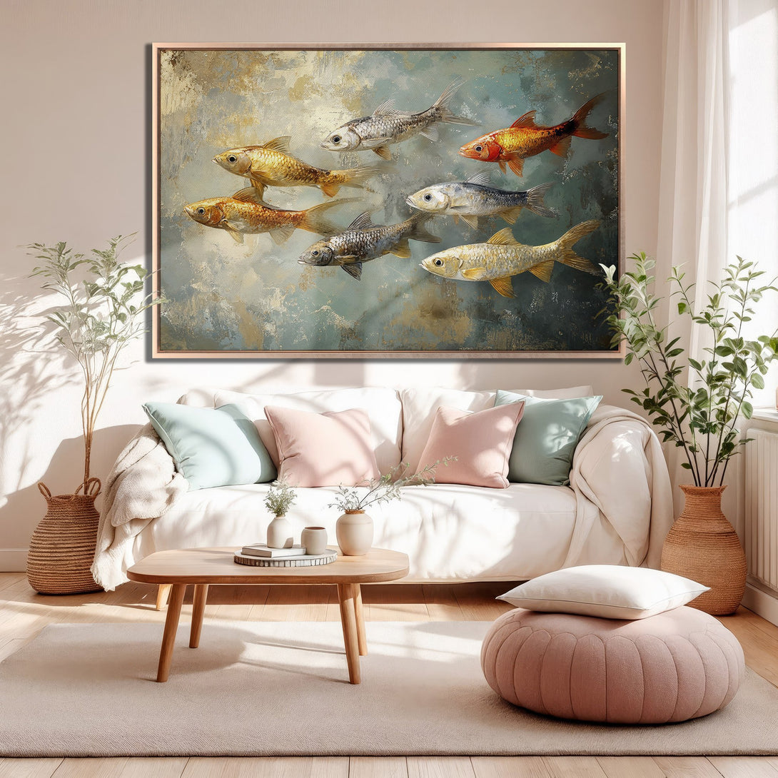 Framed Wall Art: Abstract fish painting in gold, silver, and orange hues. Adds a touch of elegance to any living room with a calming blue and neutral palette.