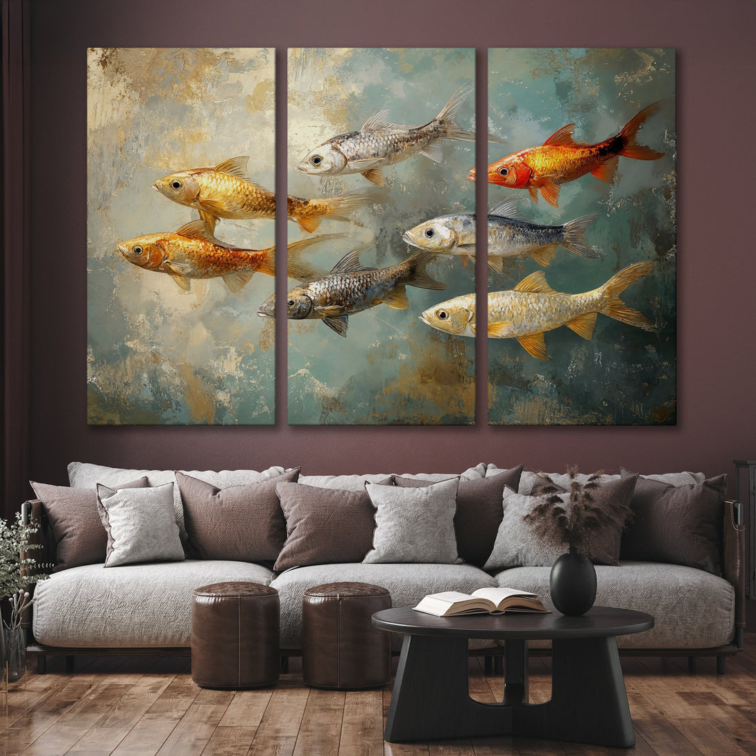Canvas Print of abstract fish art in teal, gold, and orange tones, perfect for adding a touch of elegance to your home decor.