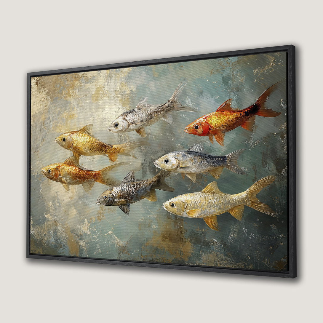 Framed Wall Art featuring swimming fish in a textured, abstract style with gold, teal, and neutral tones. Perfect for adding a touch of aquatic elegance.