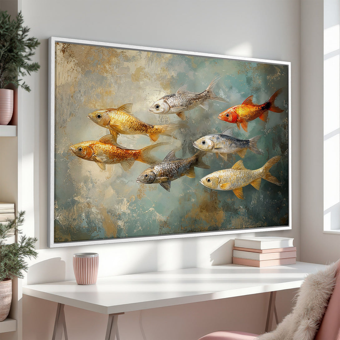 Framed Wall Art featuring vibrant fish in an abstract style with gold, teal, and orange tones. Perfect for adding a touch of elegance to any space.