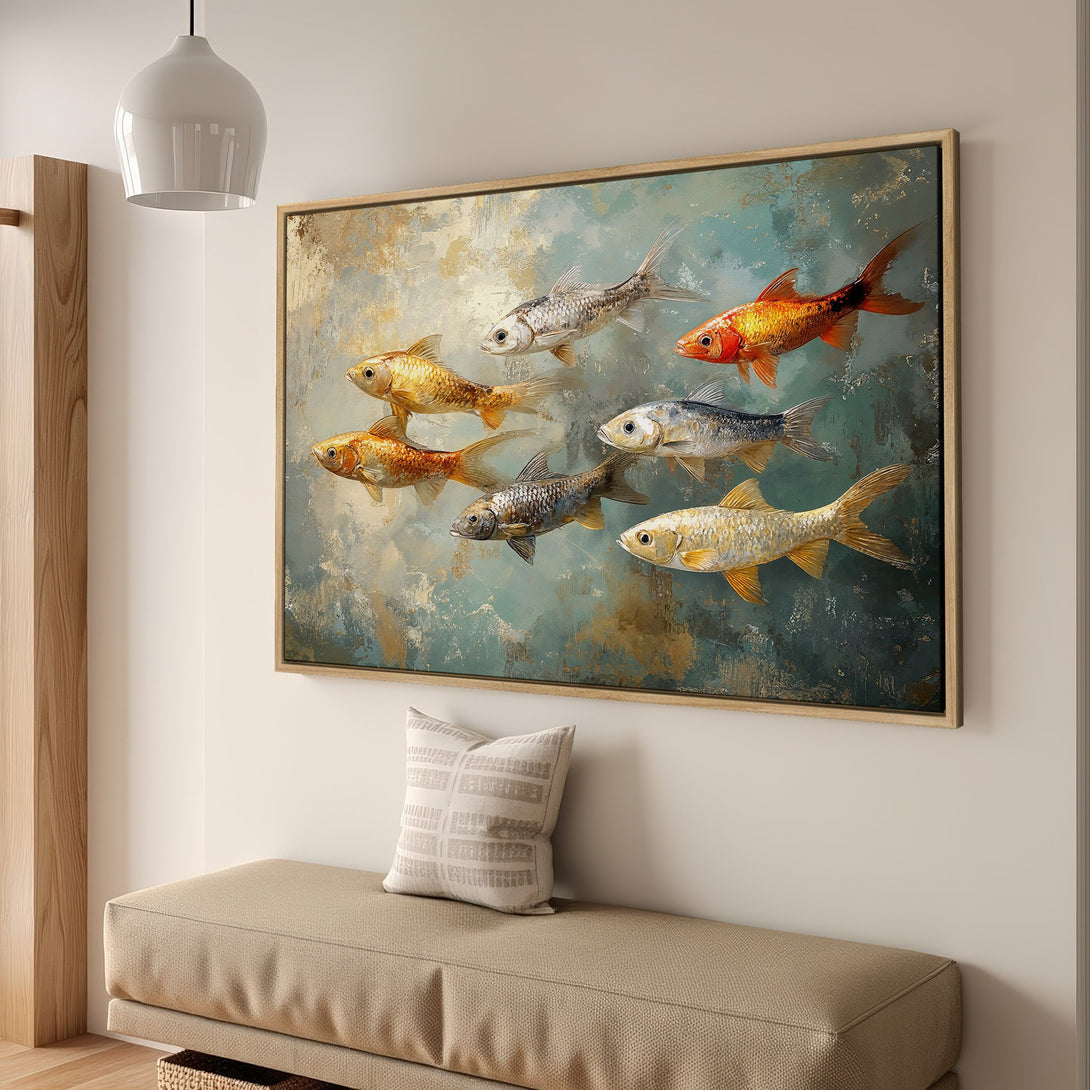 Framed Wall Art featuring vibrant koi fish painting. Adds a splash of color with gold, teal, and orange hues. Perfect for modern home decor.
