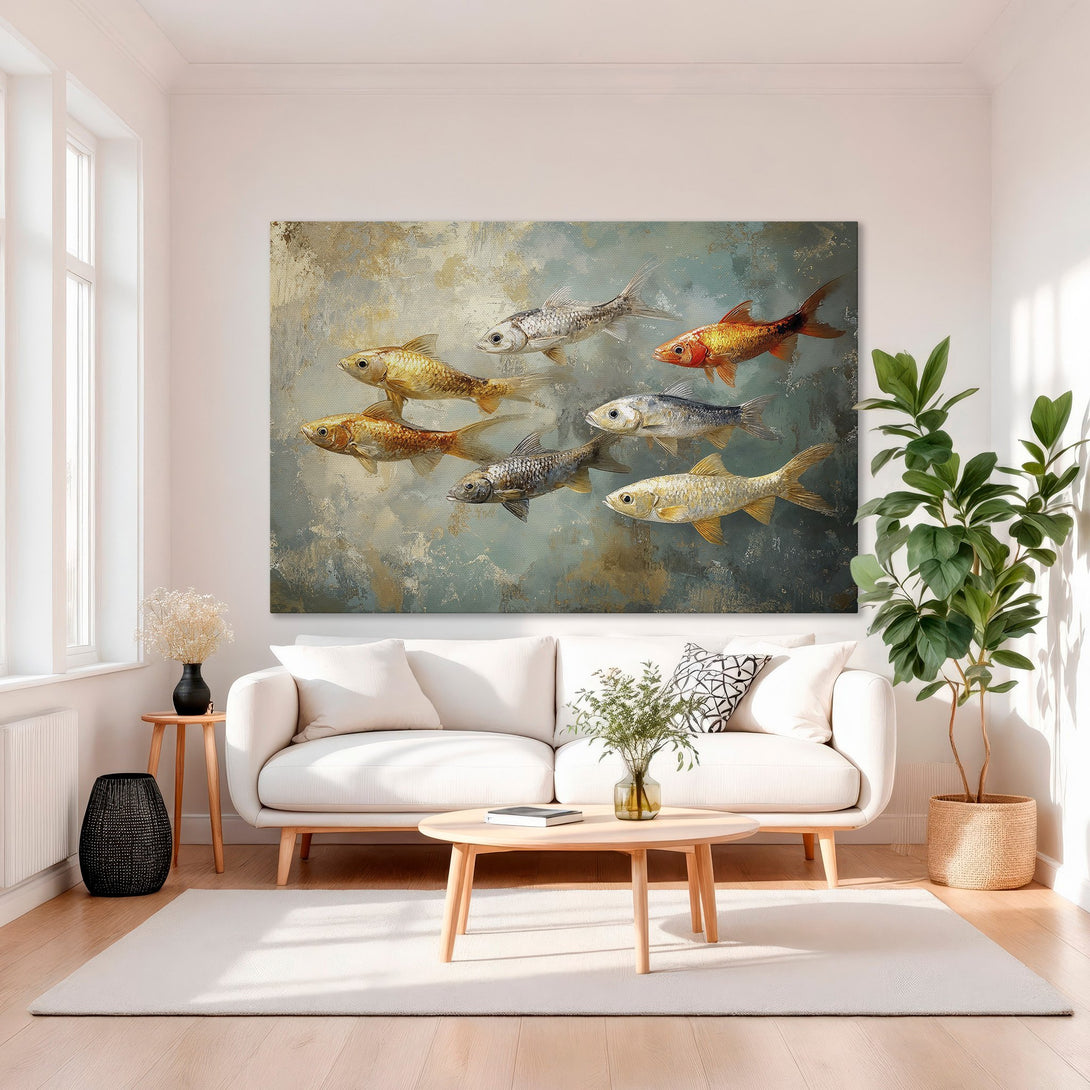 Framed Wall Art: Stunning fish painting in gold, teal, and neutral tones. Elegant canvas print for living room decor. Elevate your space with this beautiful artwork.
