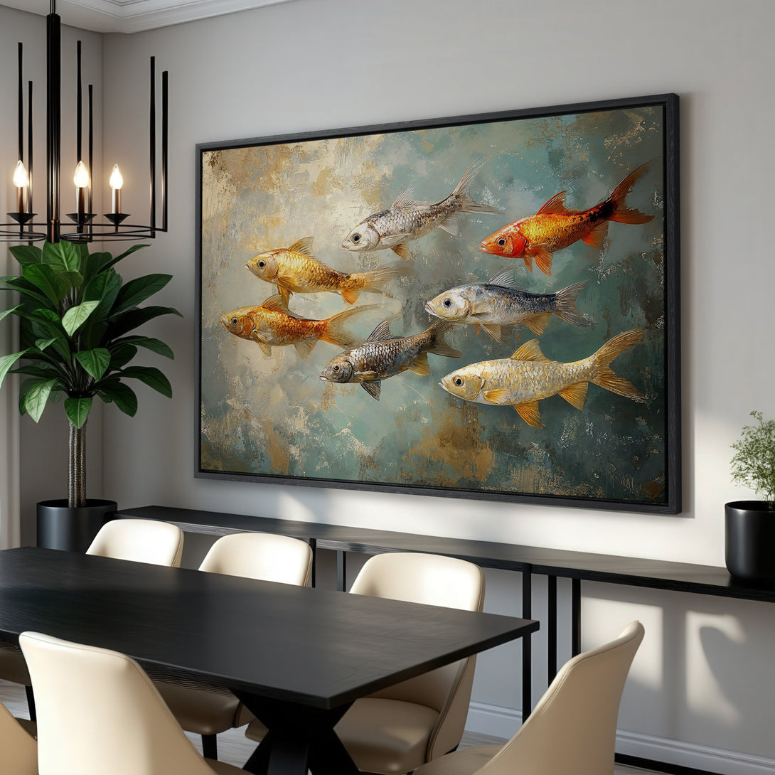 Framed Wall Art: Abstract fish painting in teal, gold, and neutral tones. Modern decor for dining room. Shop canvas prints today!