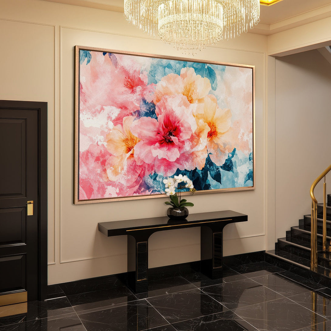 Framed Wall Art: Watercolor floral print in pink, yellow, and blue. Modern abstract style, perfect for home decor.