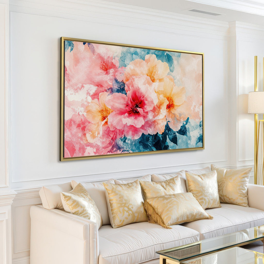 Canvas Print of vibrant floral art in a modern interior. Soft pink, yellow, and blue watercolor style, perfect for adding a touch of elegance.