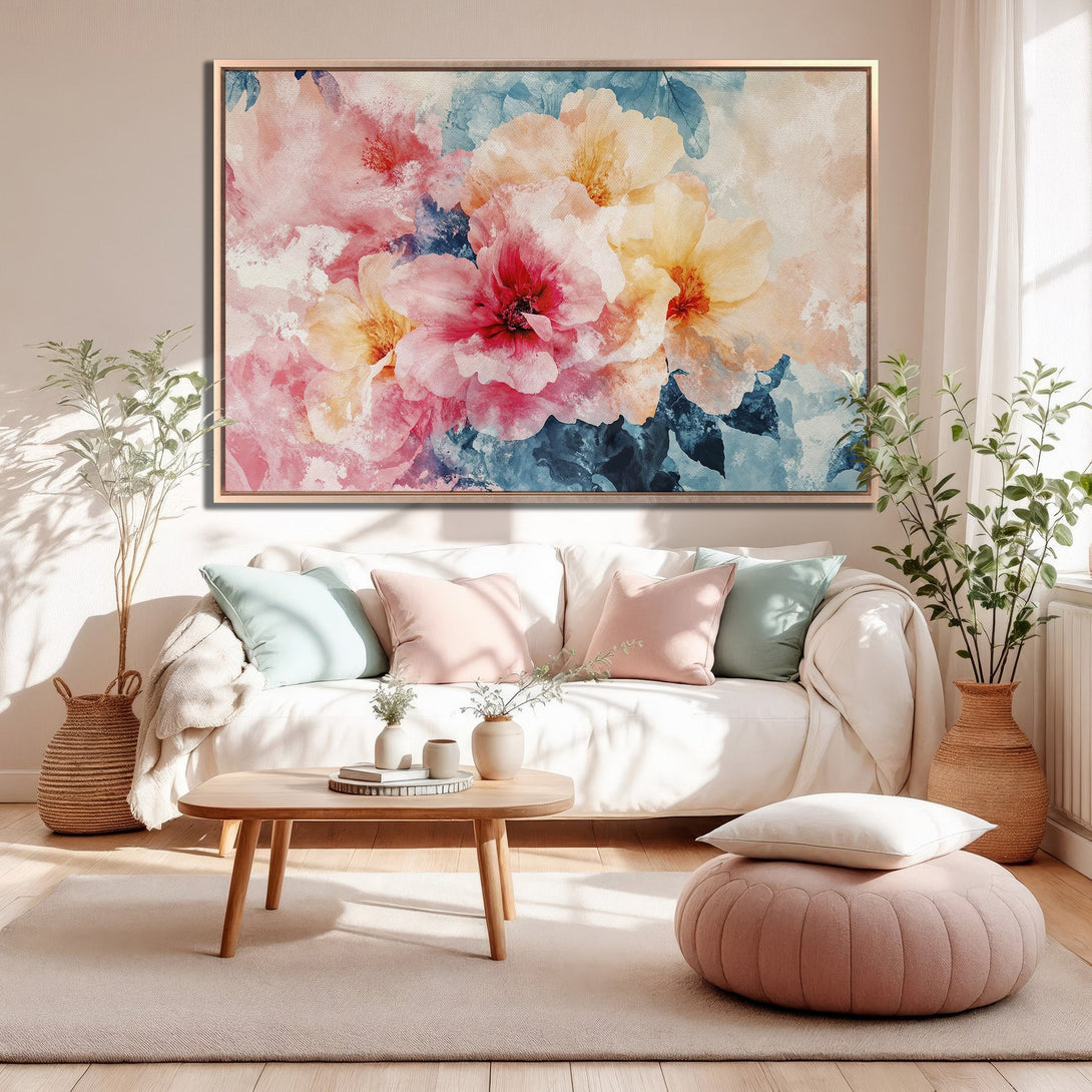 Framed Wall Art: Watercolor floral print in pink, yellow, and blue. Adds a touch of elegance to any living room. Shop our canvas print collection today!