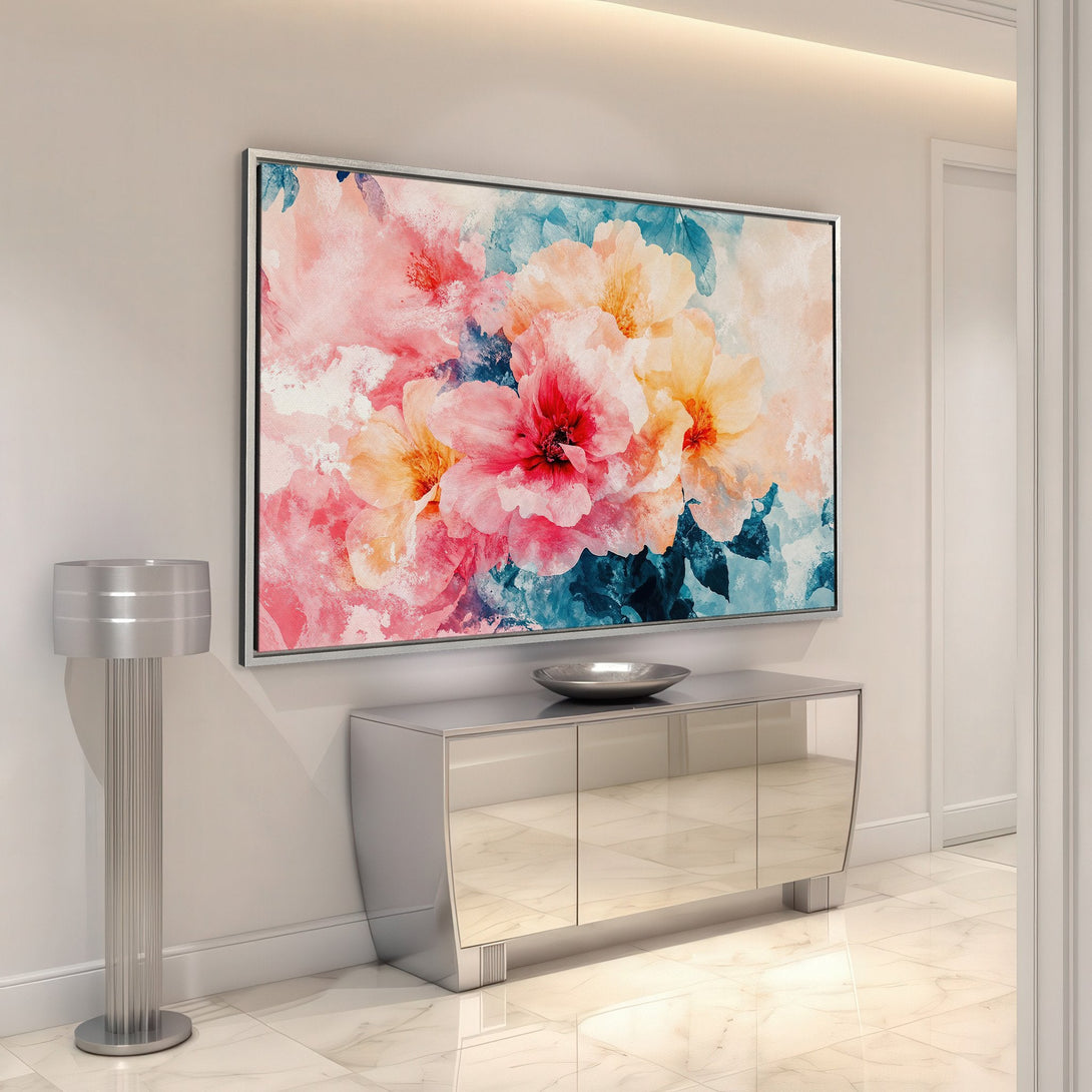 Framed Wall Art featuring vibrant floral watercolor art in pink, yellow, and teal. Perfect for adding a touch of elegance to any interior.