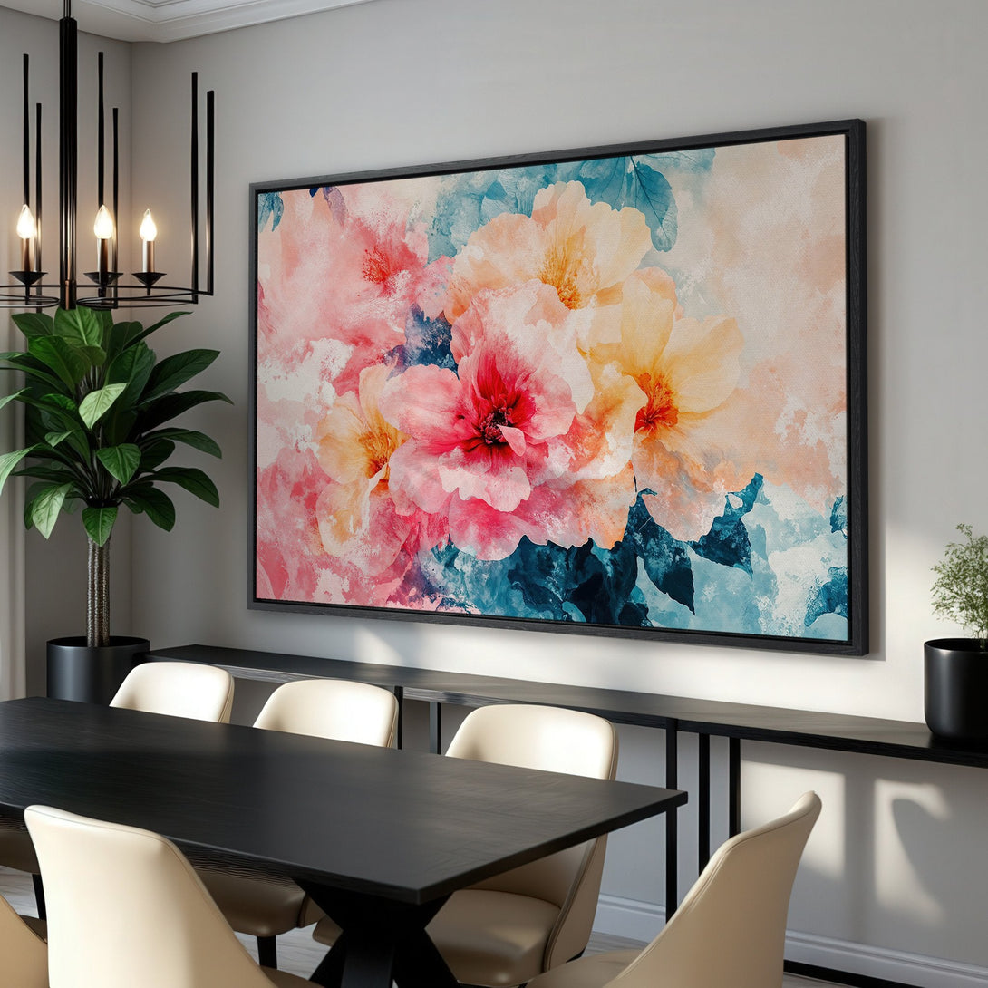 Framed Wall Art featuring a vibrant floral watercolor painting. Soft pink, yellow, and teal hues create a calming yet captivating aesthetic. Perfect for adding a touch of elegance.