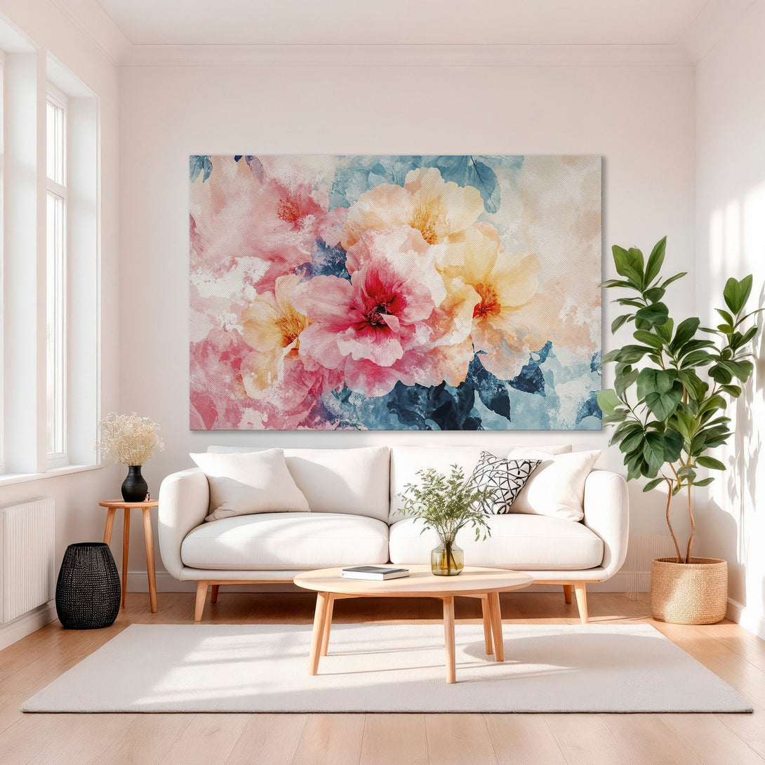 Framed Wall Art: Stunning floral Canvas Print with a watercolor style. Features a vibrant pink, peach, and teal color palette, perfect for adding beauty to any space.