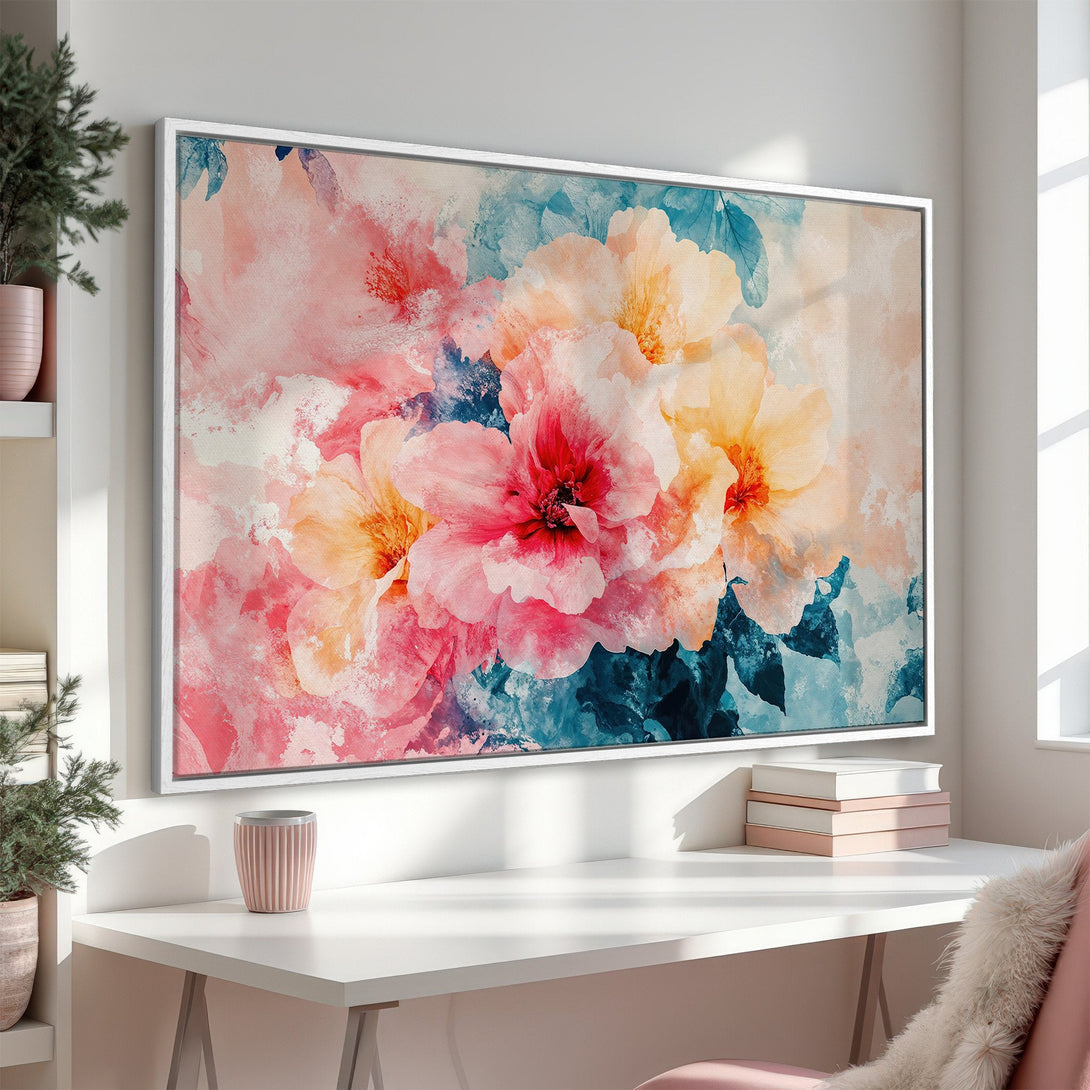 Framed Wall Art: Watercolor floral Canvas Print in pink, peach, and teal. Modern abstract style perfect for bedroom or living room decor.
