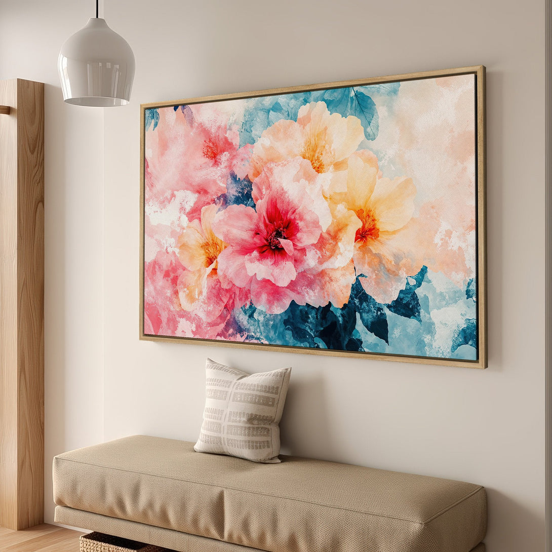 Framed Wall Art featuring watercolor floral design in pink, coral, and teal hues. Perfect for adding a touch of elegance to your home decor.