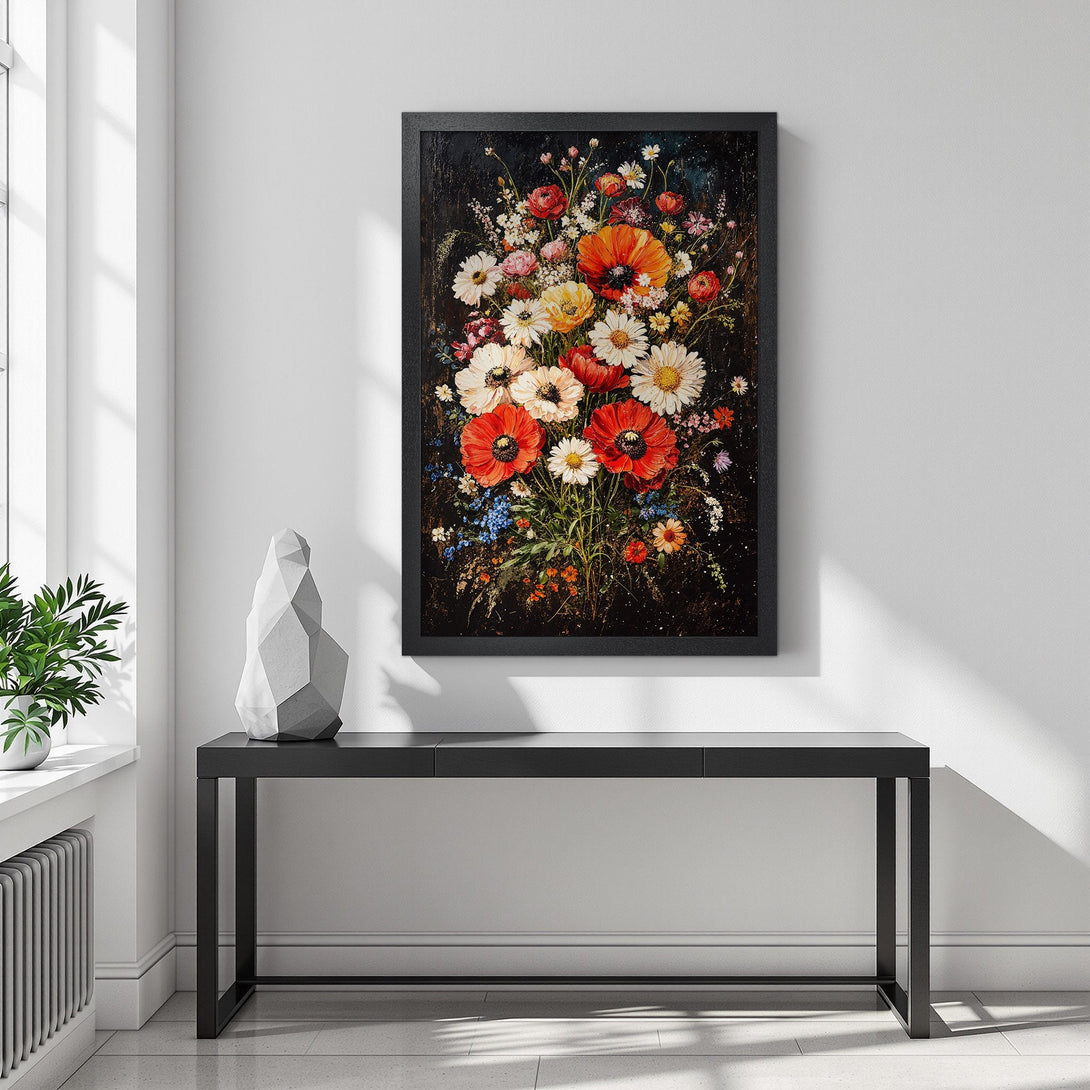 Framed Poster featuring vibrant floral bouquet art. Rich red, white, and yellow flowers on a dark background. Perfect wall art for any room.