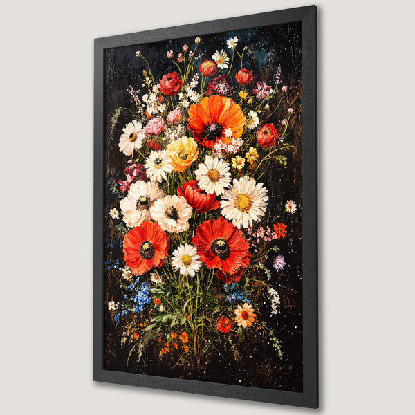Framed Poster featuring a vibrant floral bouquet in a dark, textured style. Rich red, orange, and white blooms pop against a deep, moody background.