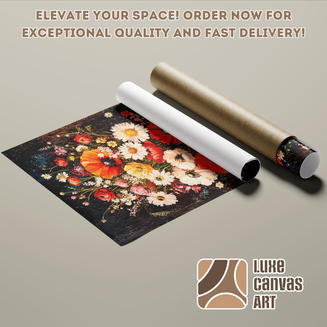 Poster Roll featuring a vibrant floral painting. Artistic style with a rich, dark color palette. Order your art today!