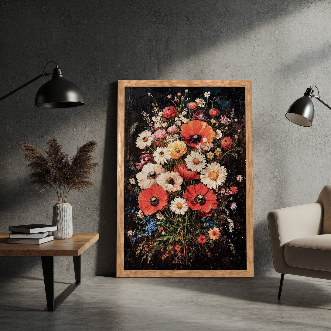 Framed Poster featuring a vibrant floral bouquet painting in a dark, moody style with red, white, and yellow blooms.