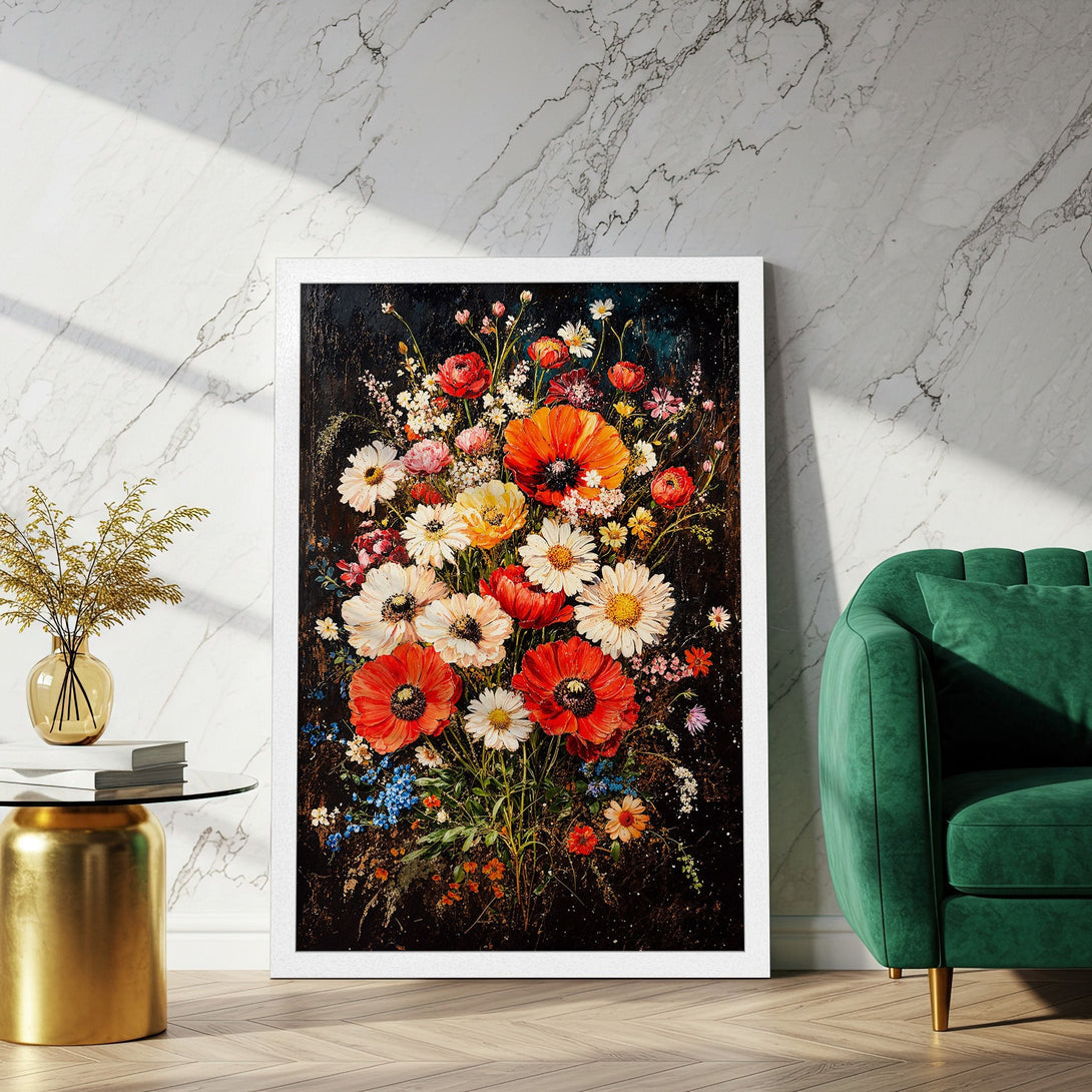 Framed Poster of vibrant floral bouquet art. Features poppies, daisies, and more. Rich color palette with reds, whites, and dark background. Perfect wall decor.