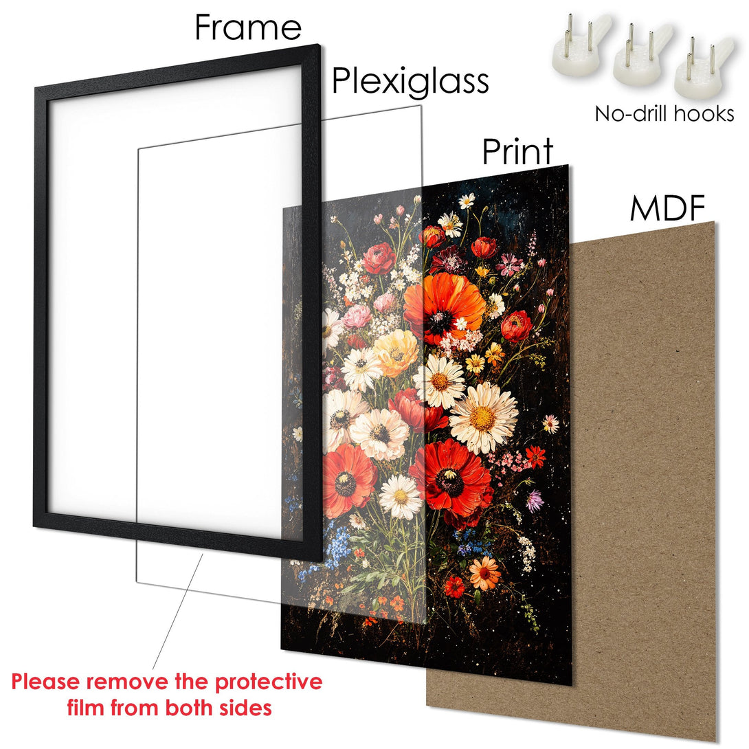 Framed Poster featuring a vibrant floral bouquet in a dark, painterly style. Rich red, orange, and white blooms pop against a black background.