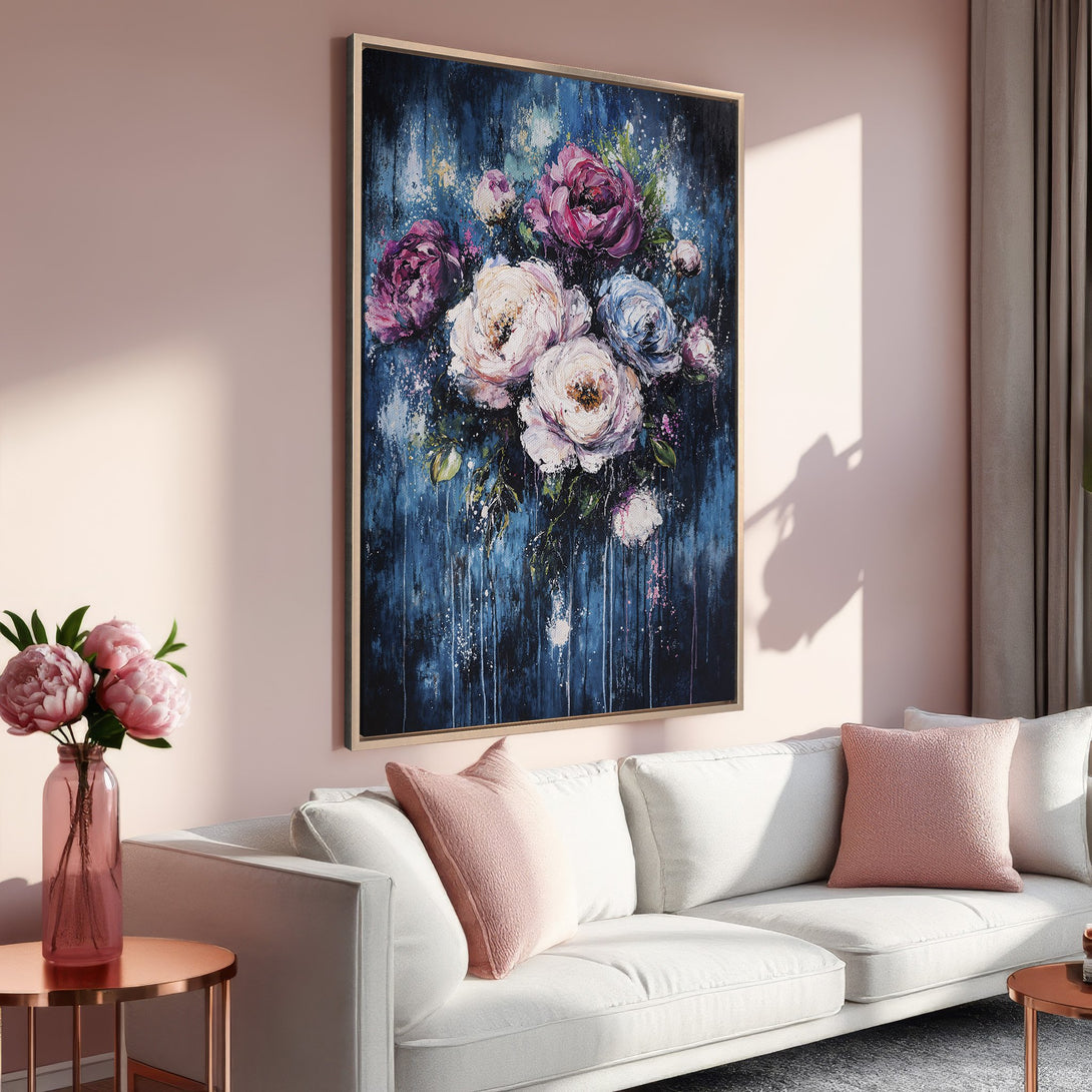 Framed Wall Art: Elegant floral painting in a moody blue and pink color palette. Perfect for adding a touch of sophistication to your living room.