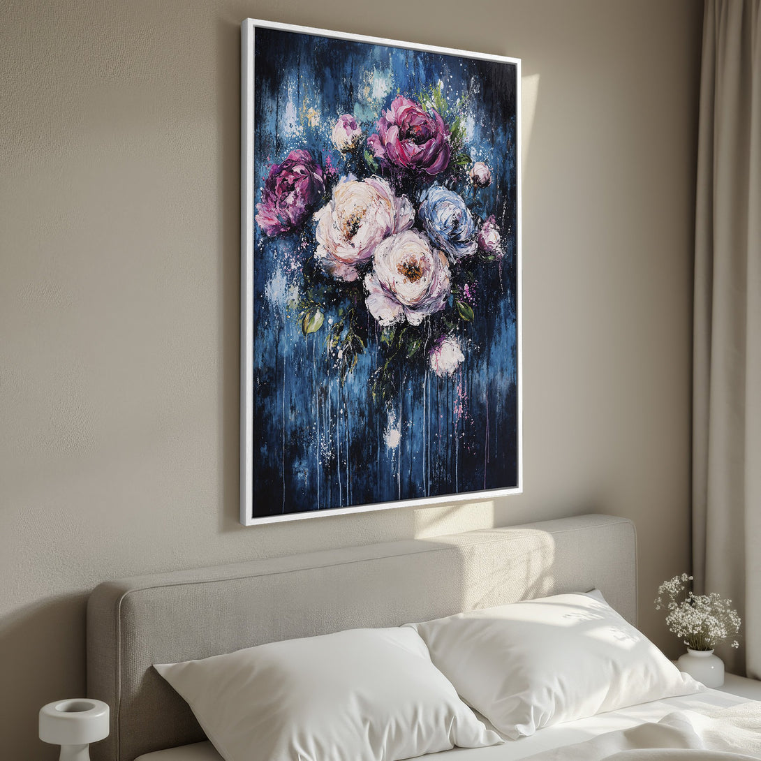 Framed Wall Art: Floral painting with a dark blue background and vibrant pink and white flowers. Perfect for bedroom decor.