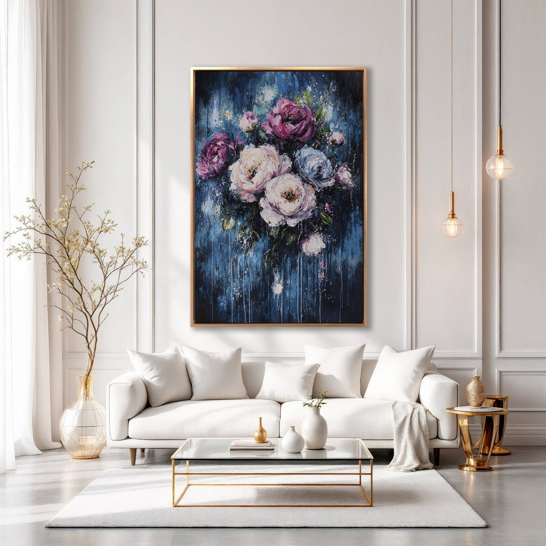 Framed Wall Art: Stunning floral painting in a modern living room. Features a blue and white color palette with pops of pink and purple. Elevate your space!