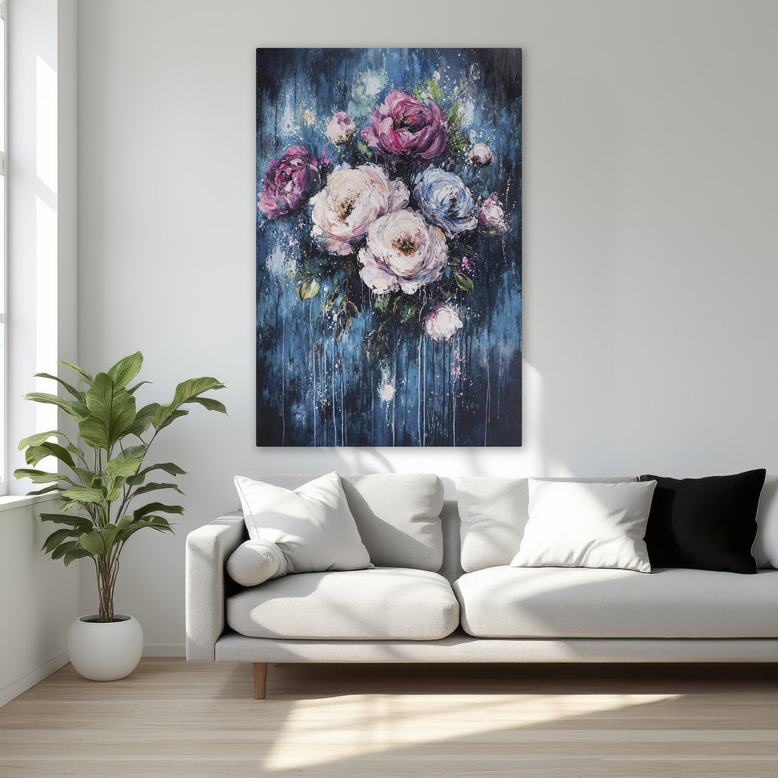 Framed Wall Art featuring a vibrant floral bouquet in a painterly style with a blue and pink color palette, perfect for adding a touch of elegance.