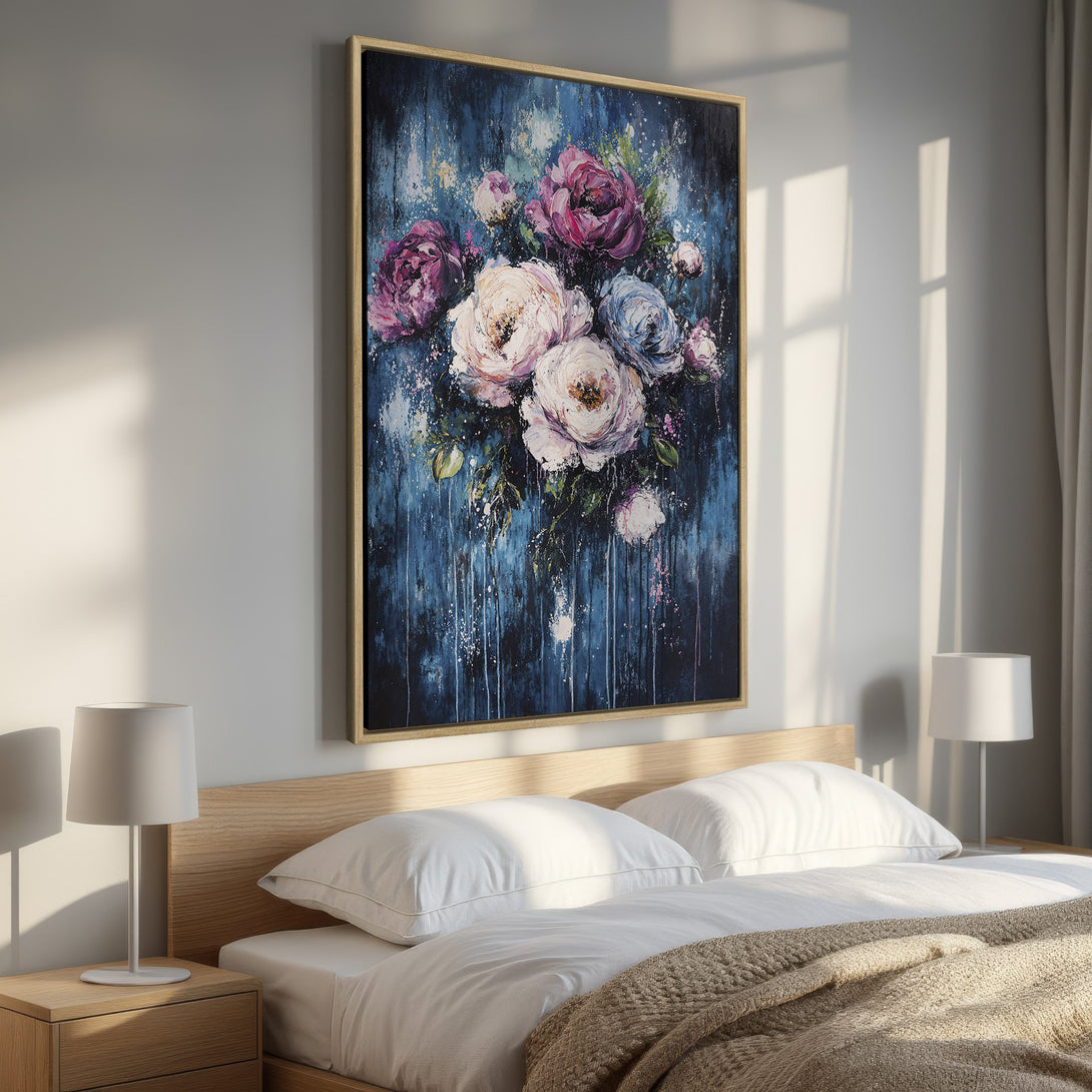 Framed Wall Art: Stunning floral painting with a deep blue and purple color palette. Perfect bedroom decor, adding elegance and style.