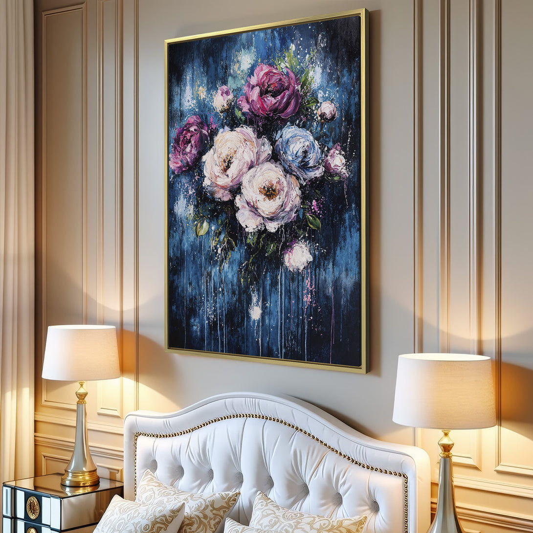 Canvas Print of floral art in blue, pink, and white. Modern abstract painting of a bouquet, perfect for living room decor.