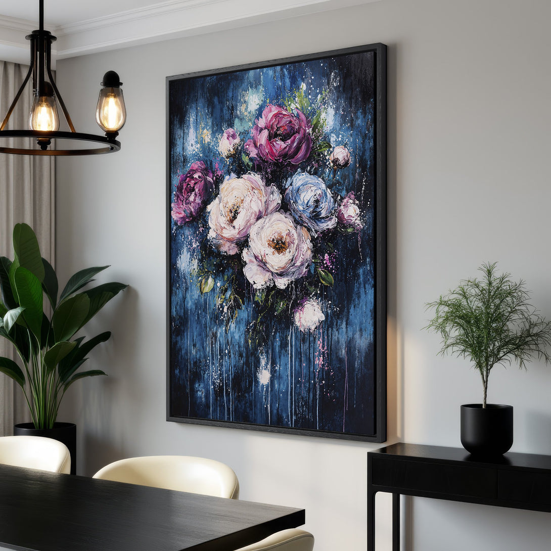 Framed Wall Art featuring a vibrant floral bouquet in a modern, abstract style. Rich blue and purple hues create a stunning focal point for any room.