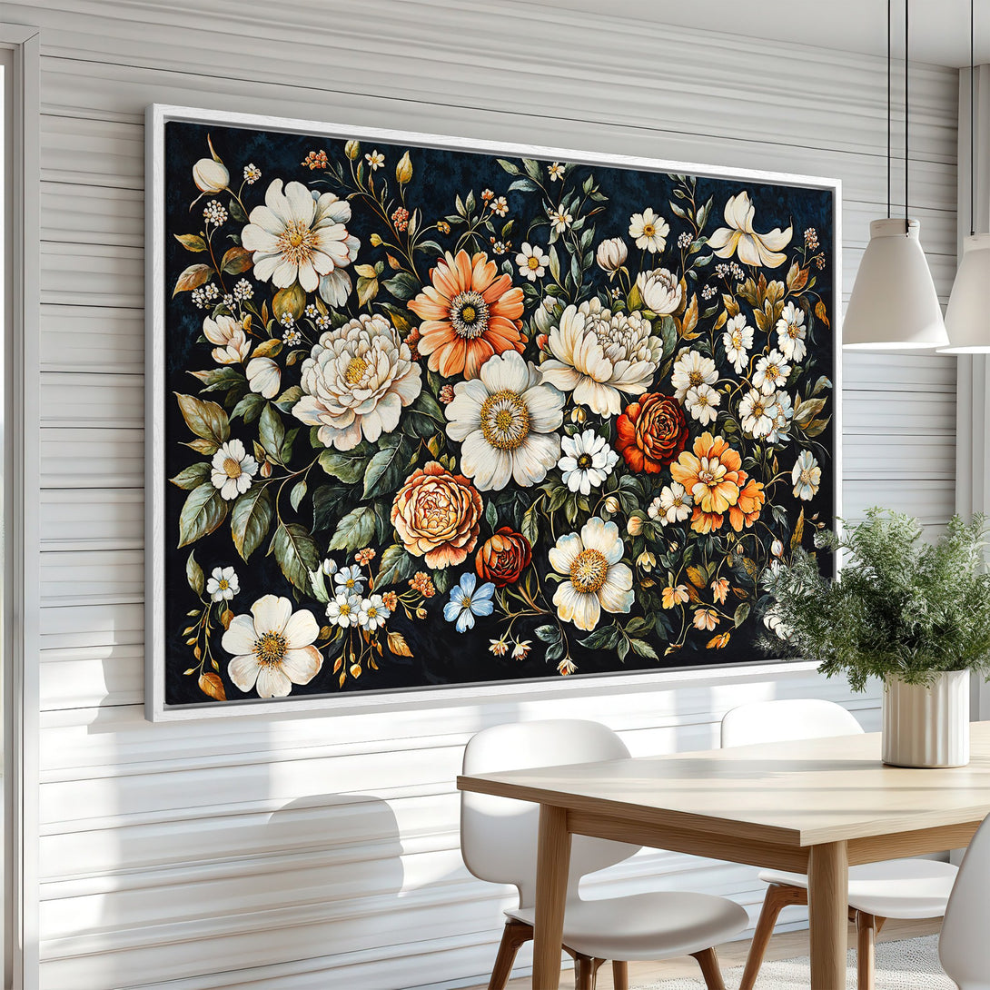 Framed Wall Art featuring a vibrant floral arrangement with white, orange, and green blooms against a dark background. Perfect for adding a touch of elegance.