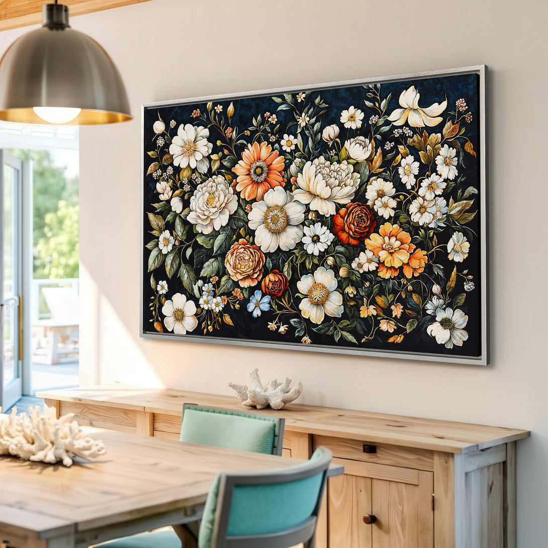 Framed Wall Art featuring a vibrant floral arrangement in a dark, moody style with orange, white, and green hues. Perfect for adding elegance to any space.