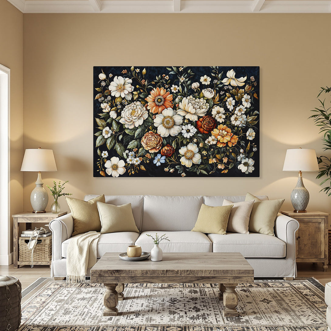 Framed Wall Art featuring a vibrant floral bouquet in a dark, moody style. Warm orange, white, and green blooms pop against a black background. Perfect for adding elegance.