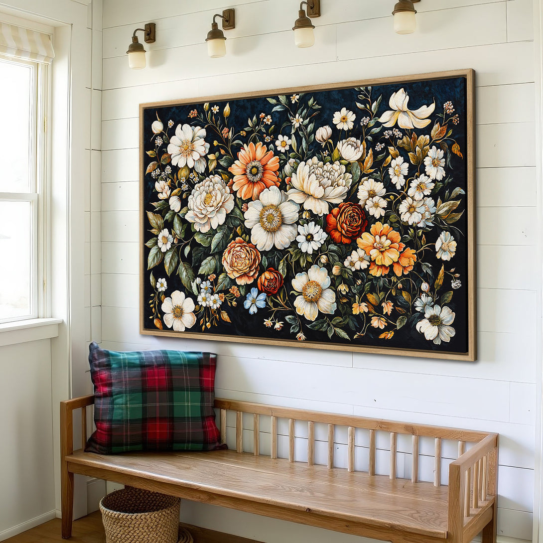 Framed Wall Art featuring a floral bouquet in a dark, moody style. Earthy tones with pops of white, orange, and blue. Perfect for adding a touch of elegance.
