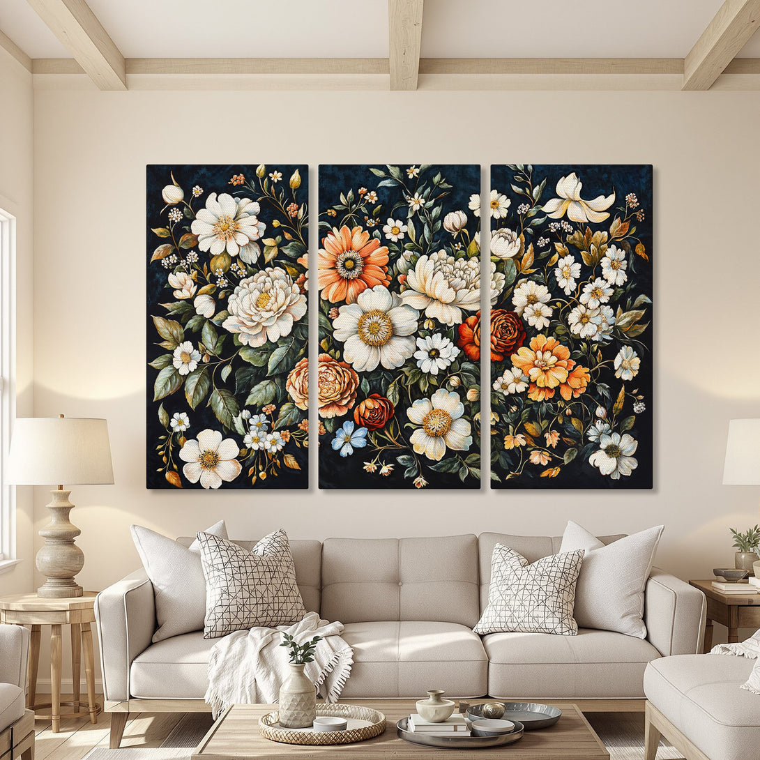 Canvas Print of floral artwork in a dark, moody style with white, orange, and green flowers. Perfect for adding a touch of elegance to any room.