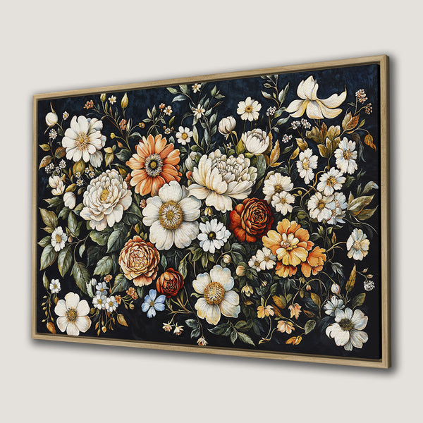 Framed Wall Art: Floral Canvas Print with vibrant white, orange, and yellow flowers on a dark background. Perfect for adding a touch of elegance.