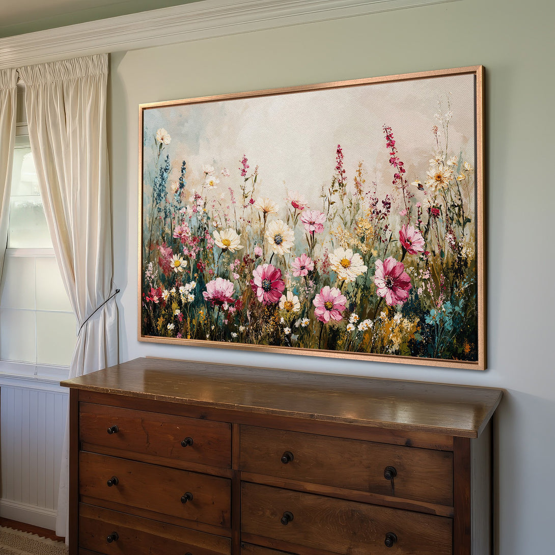 Framed Wall Art: Floral canvas print with a warm color palette. Perfect for adding a touch of nature and elegance to your home decor.