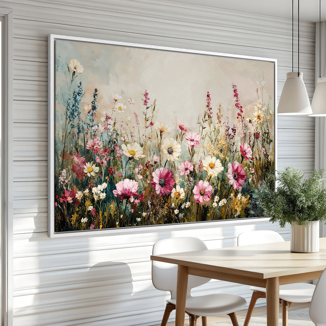 Framed Wall Art: Impressionistic floral painting in a dining room. Features a soft, pastel color palette of pinks, whites, and greens.