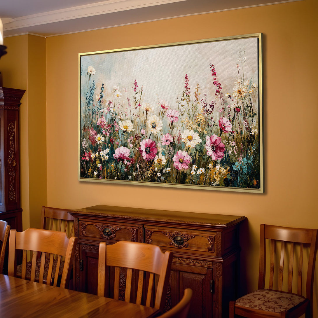 Canvas Print of a vibrant floral meadow in a warm, neutral interior. Soft, impressionistic style with pink, white, and green hues.