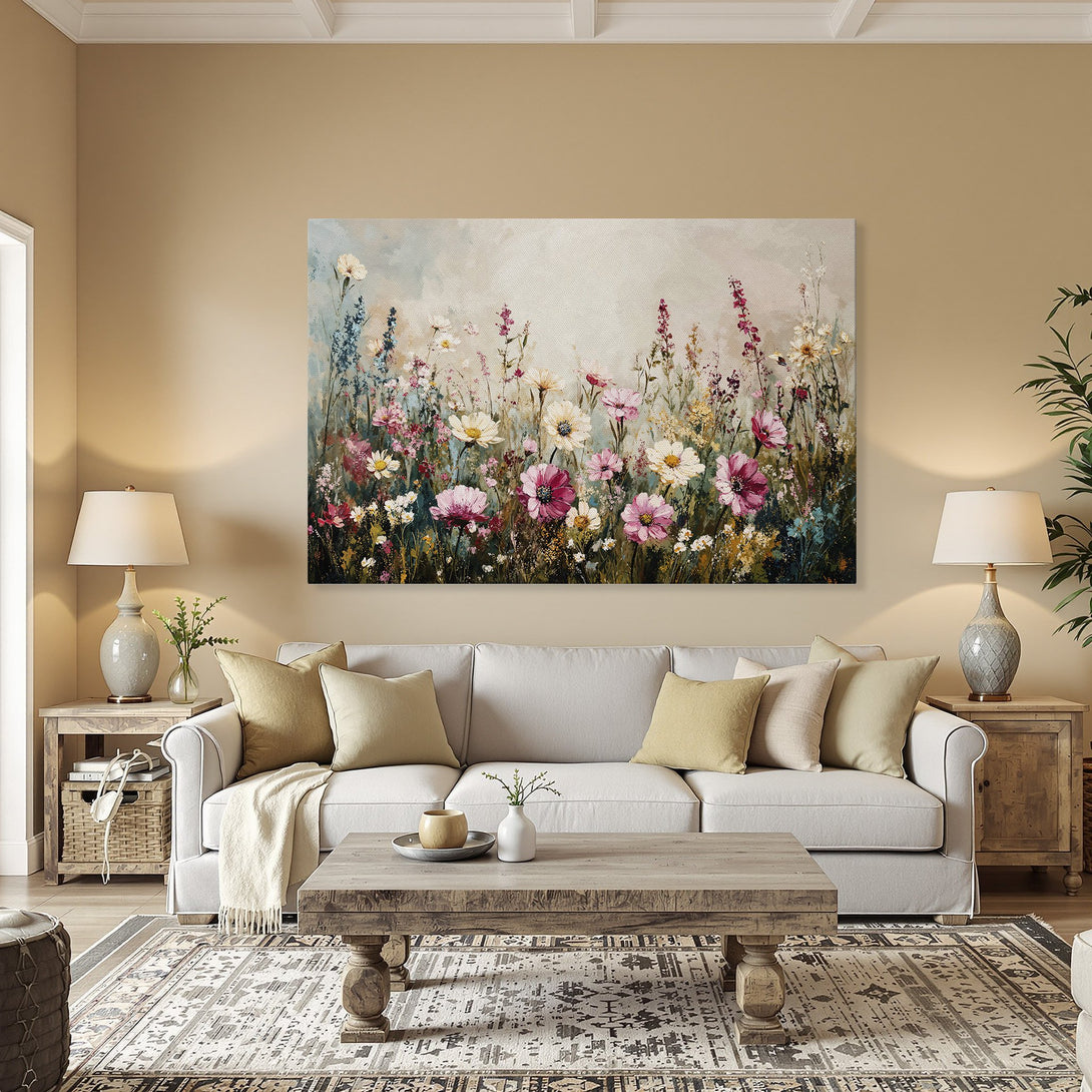 Framed Wall Art: Floral painting with pink, white, and yellow flowers. Elegant artwork in a dining room setting. Enhance your home decor!