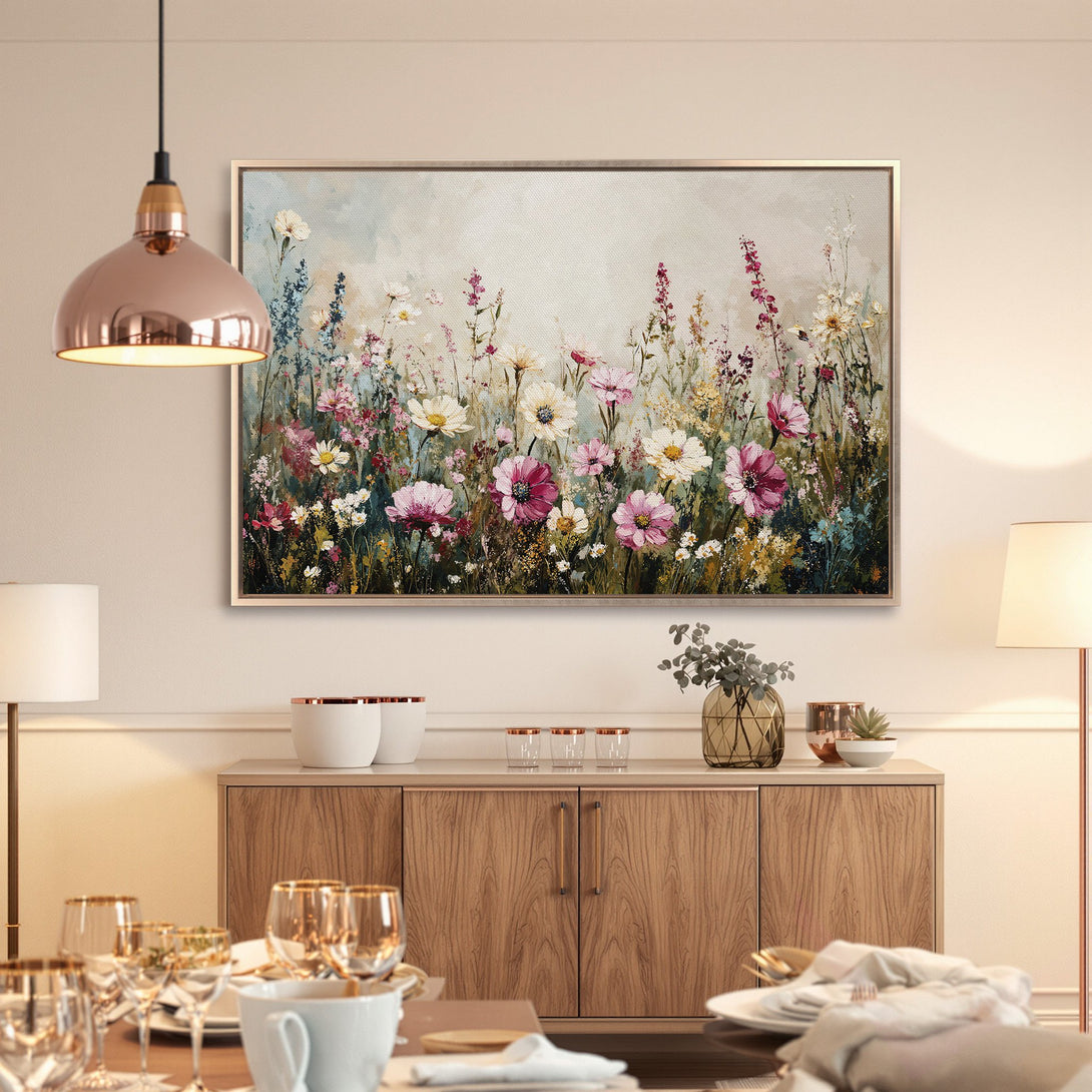 Framed Wall Art of colorful wildflowers in a dining room. Floral art in a soft, pastel color palette, perfect for adding a touch of nature.