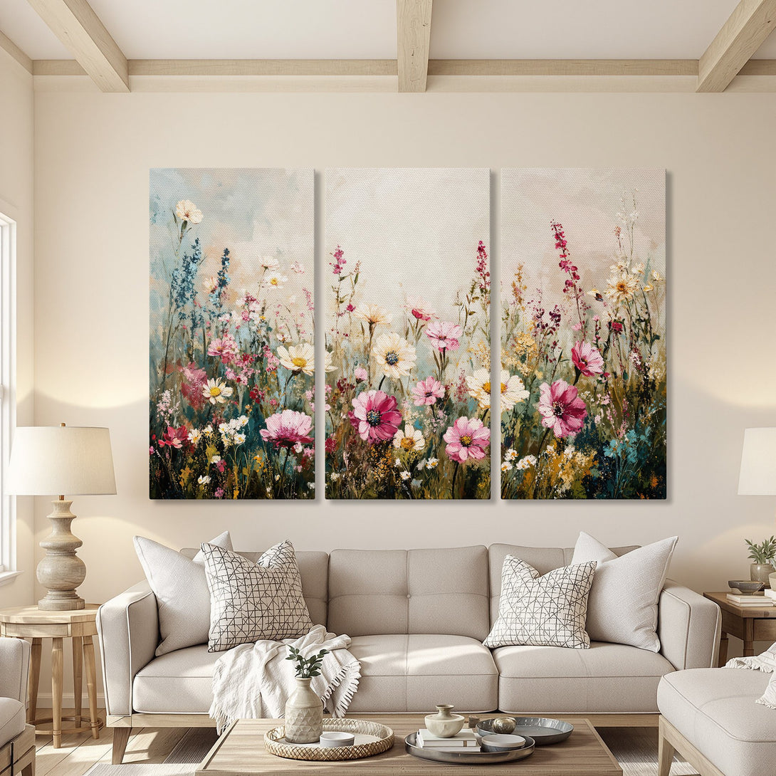 Canvas Print of vibrant floral art in a soft, impressionistic style. Featuring a warm, neutral color palette with pops of pink, yellow, and blue.