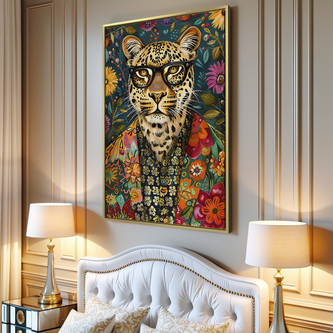 Canvas Print featuring a dapper leopard in glasses, vibrant floral background. Bohemian style with rich jewel-tone colors. Perfect wall art!
