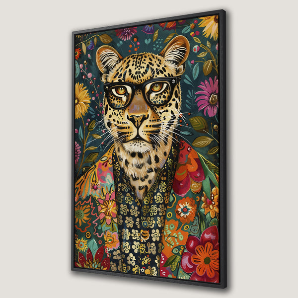 Framed Wall Art: Stylish leopard wearing glasses in a floral print. Vibrant colors and whimsical style. Perfect for adding personality to your space.