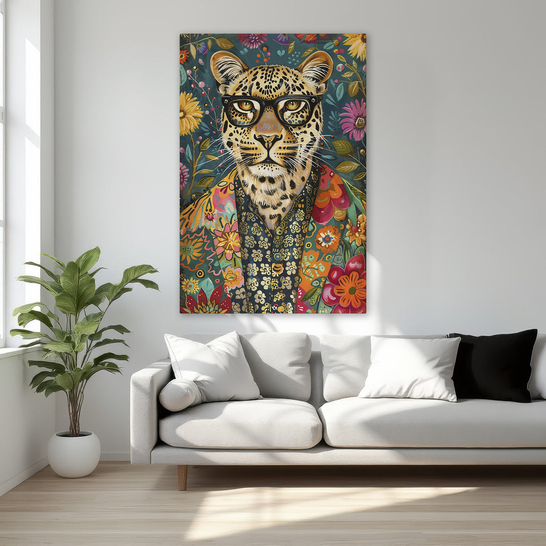 Framed Wall Art featuring a stylish leopard wearing glasses, vibrant floral design, and a rich, colorful palette perfect for adding personality to your space.