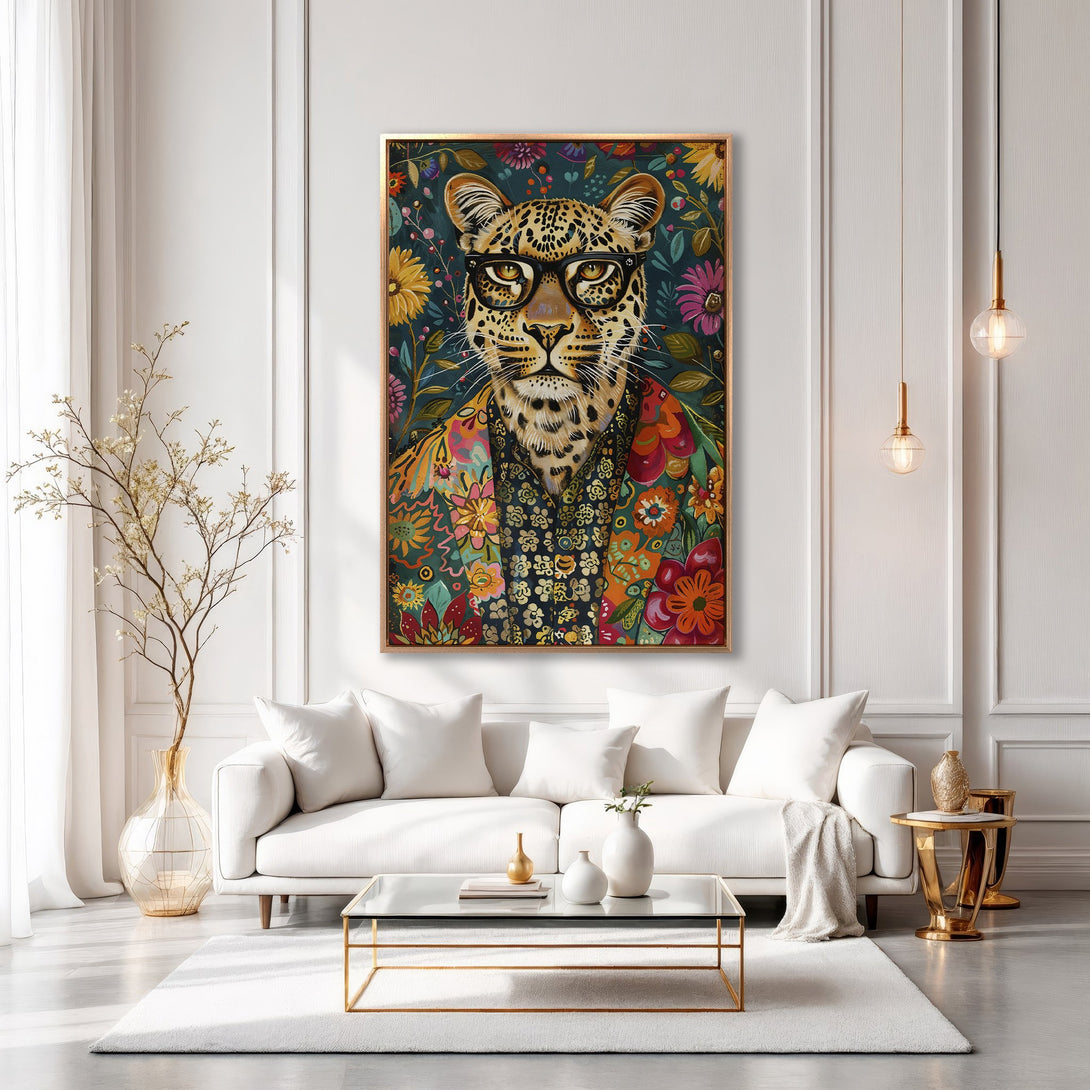 Framed Wall Art featuring a stylish leopard in glasses, vibrant floral details, and a rich, colorful palette. Perfect for adding personality to any space.